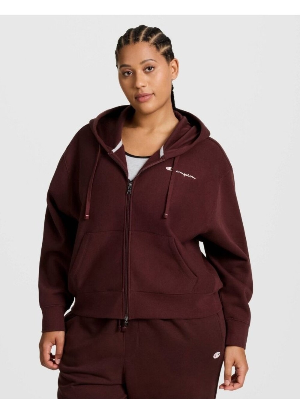 Champion Women's Cropped Fleece Zip-Up Sweatshirt Hooded Ribbed Medium Ruby